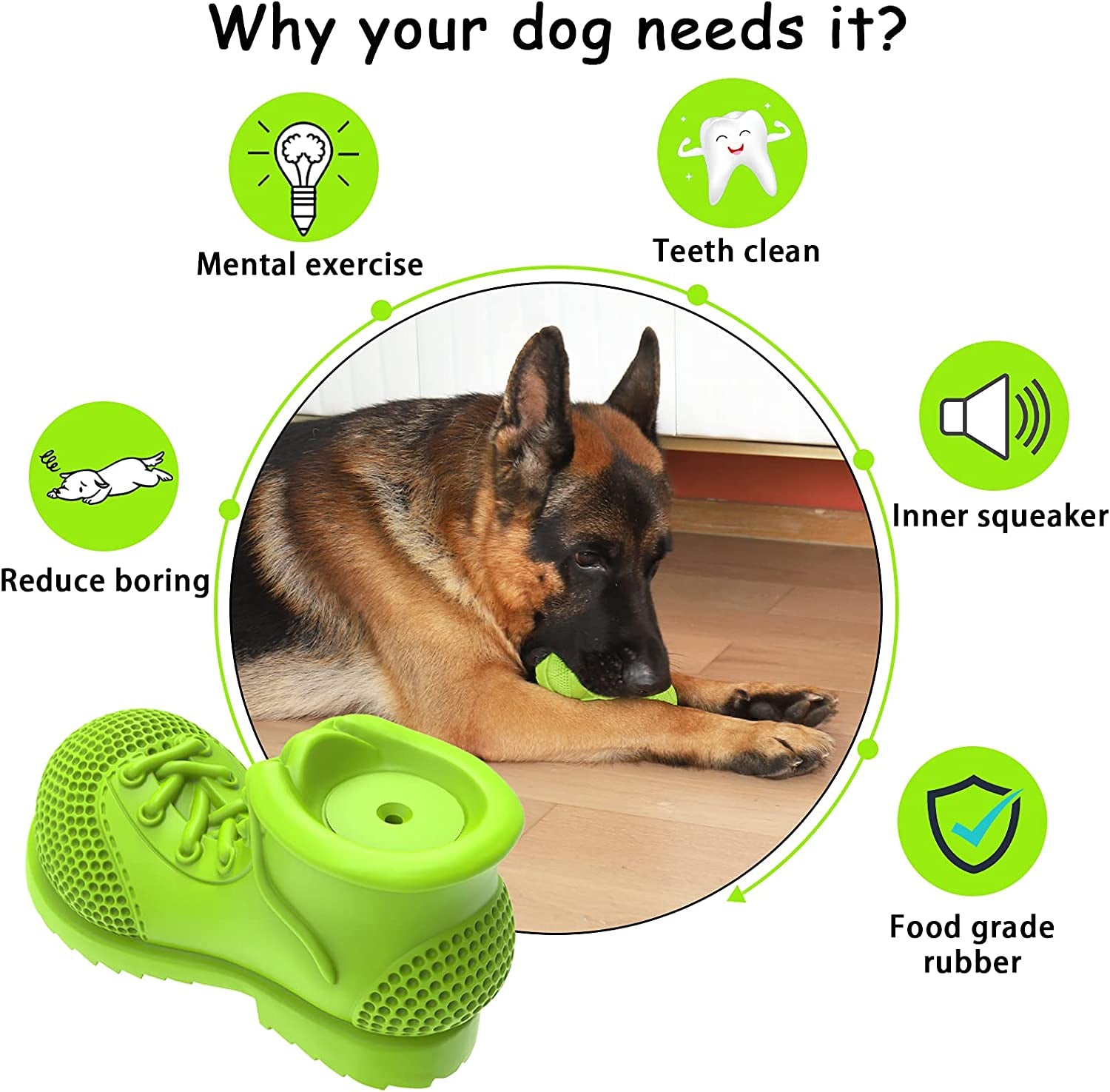 Dog Chew Toys, Rubber Dog Squeaky Chew Toys,Reduces Plaque & Tartar Teeth Cleaning Chew Toys, Tough Tear-Resistant Shoe Shape Dog Toys for Large Dog(Grass Green)