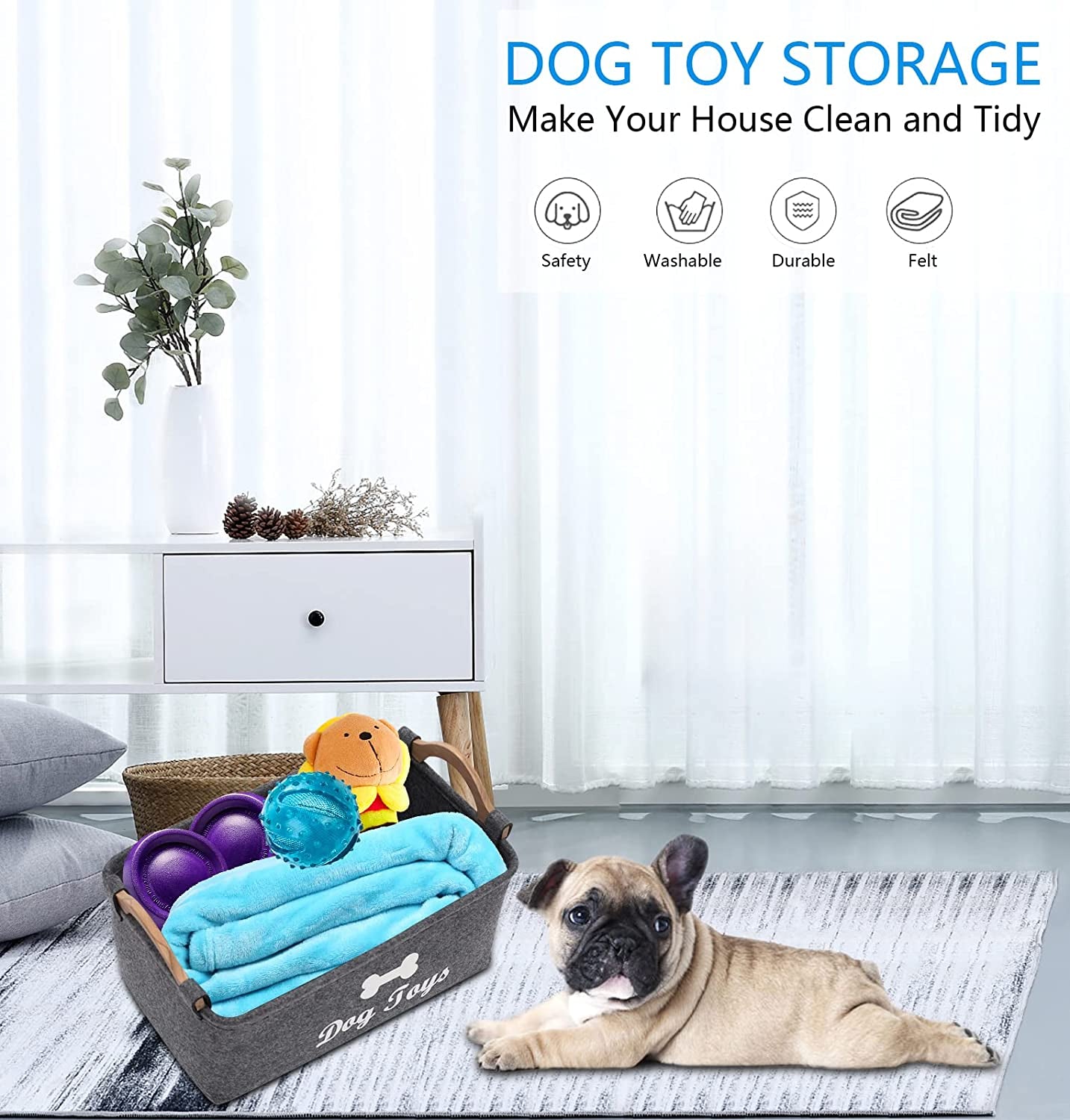 Felt Pet Toy Box and Dog Toy Box Storage Basket Chest Organizer - Perfect for Organizing Pet Toys, Blankets, Leashes and Food - Dog Toy - Grey