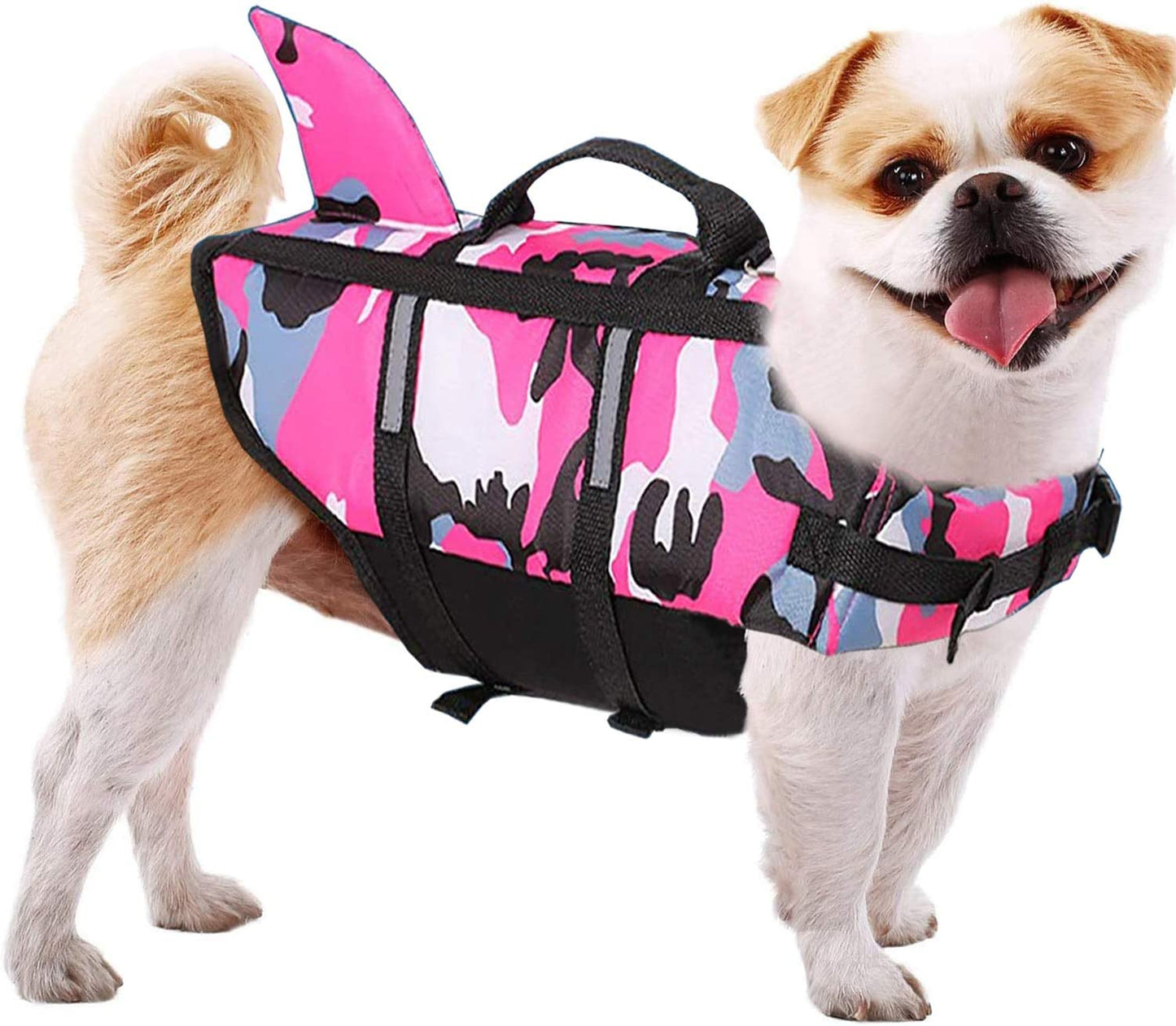 Small Dog Life Jacket for Dogs Pink Ripstop XS Camo Dog Life Vest with Rescue Handle Shark Fin Pet Floatation Vest Saver for Swimming, Boating